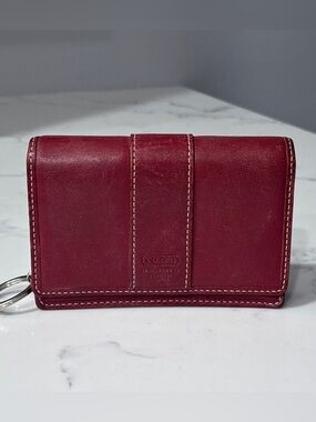 Vintage Coach Leather Card Case Trifold Wallet Keychain Classic Red